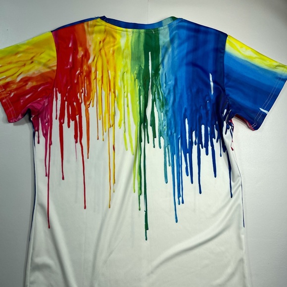 Chic Rainbow Dripping Paint 3D Print Short Sleeve Slim Fit White T-Shirt - Picture 3 of 6